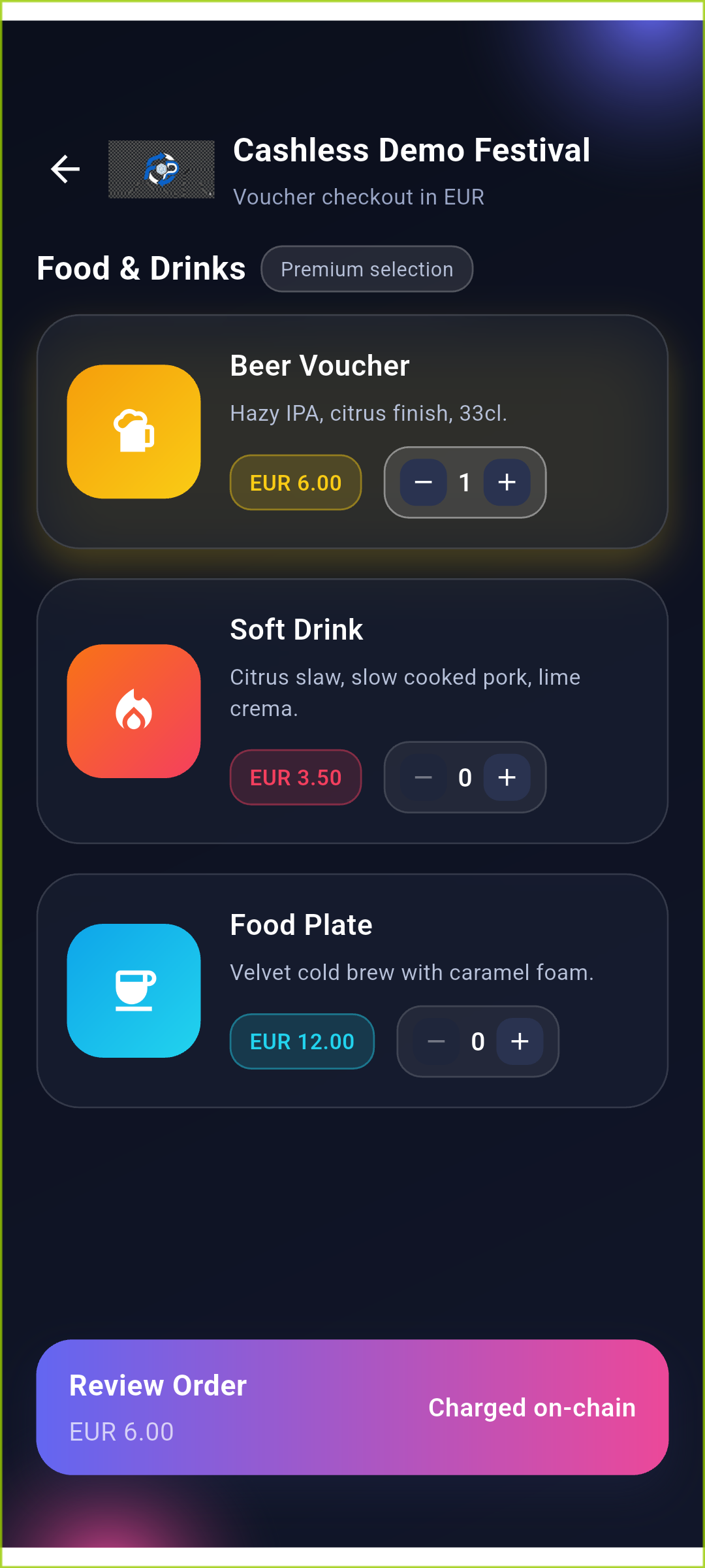 Wyvo app product catalog and voucher checkout